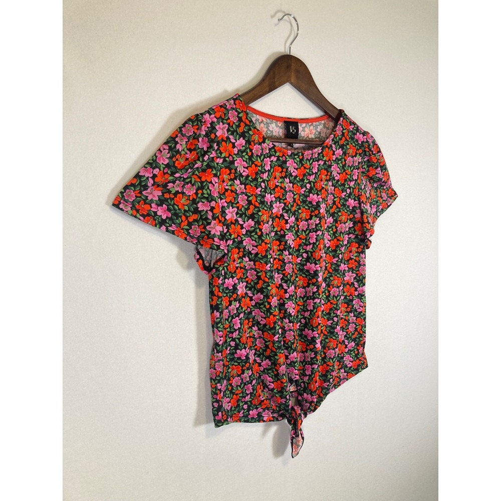 Cottagecore W5 Womens Size S Black Pink‎ Floral Front Tie Short Sleeve Top - Picture 9 of 10